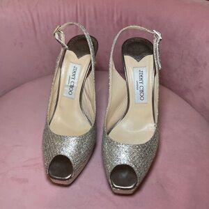 Jimmy Choo Glittering Silver Peep-Toe Heels